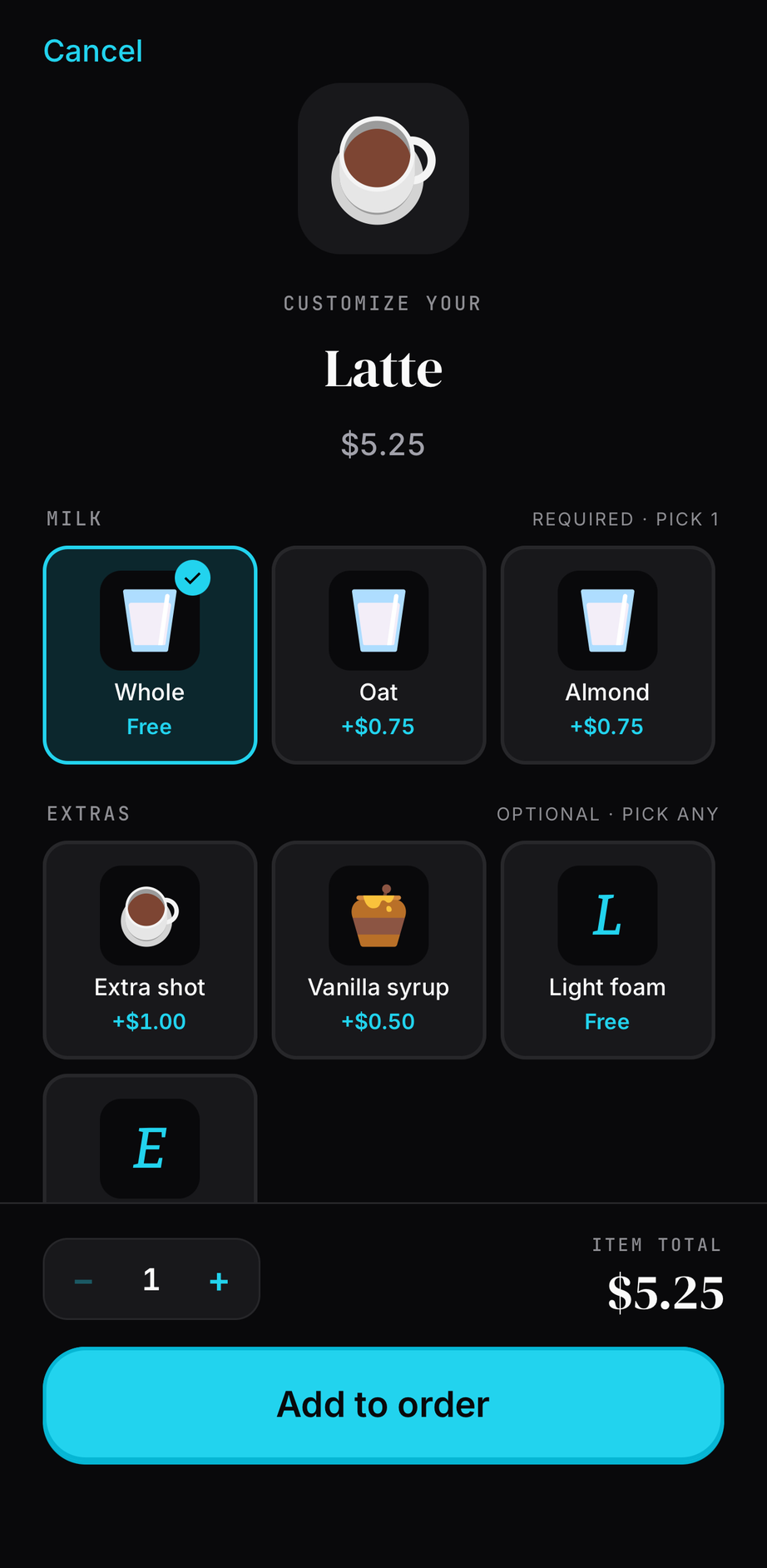 Customize sheet with milk and extras modifier groups