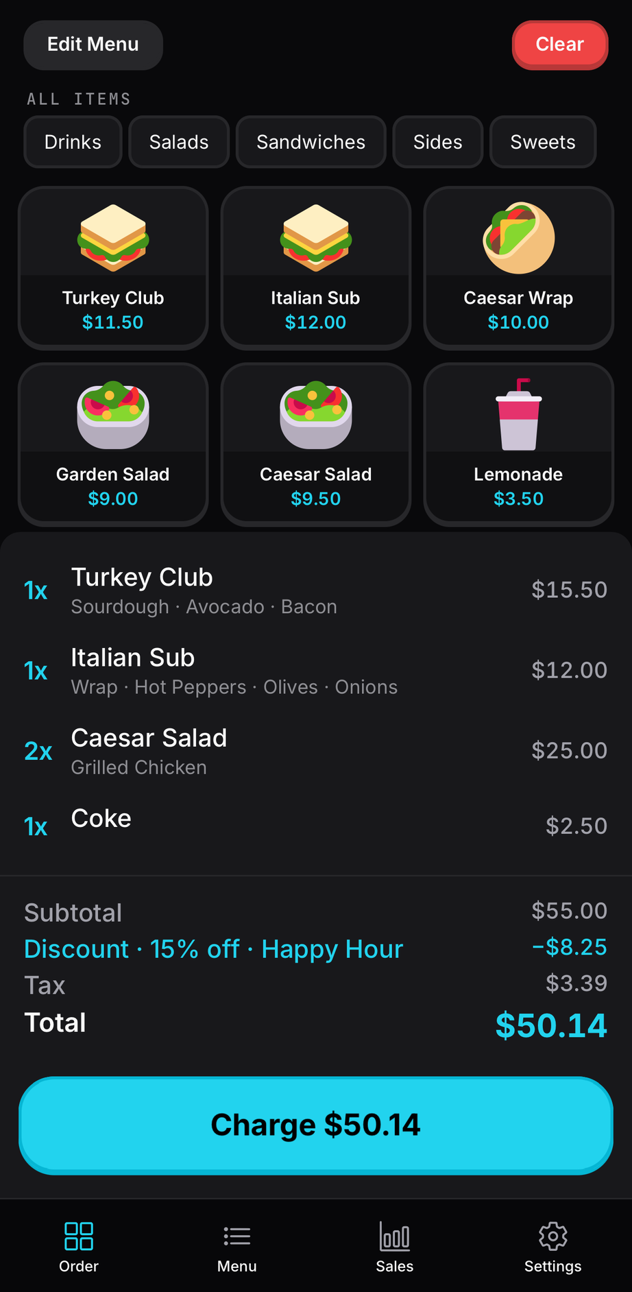 Sandwich order with 15 percent Happy Hour discount applied