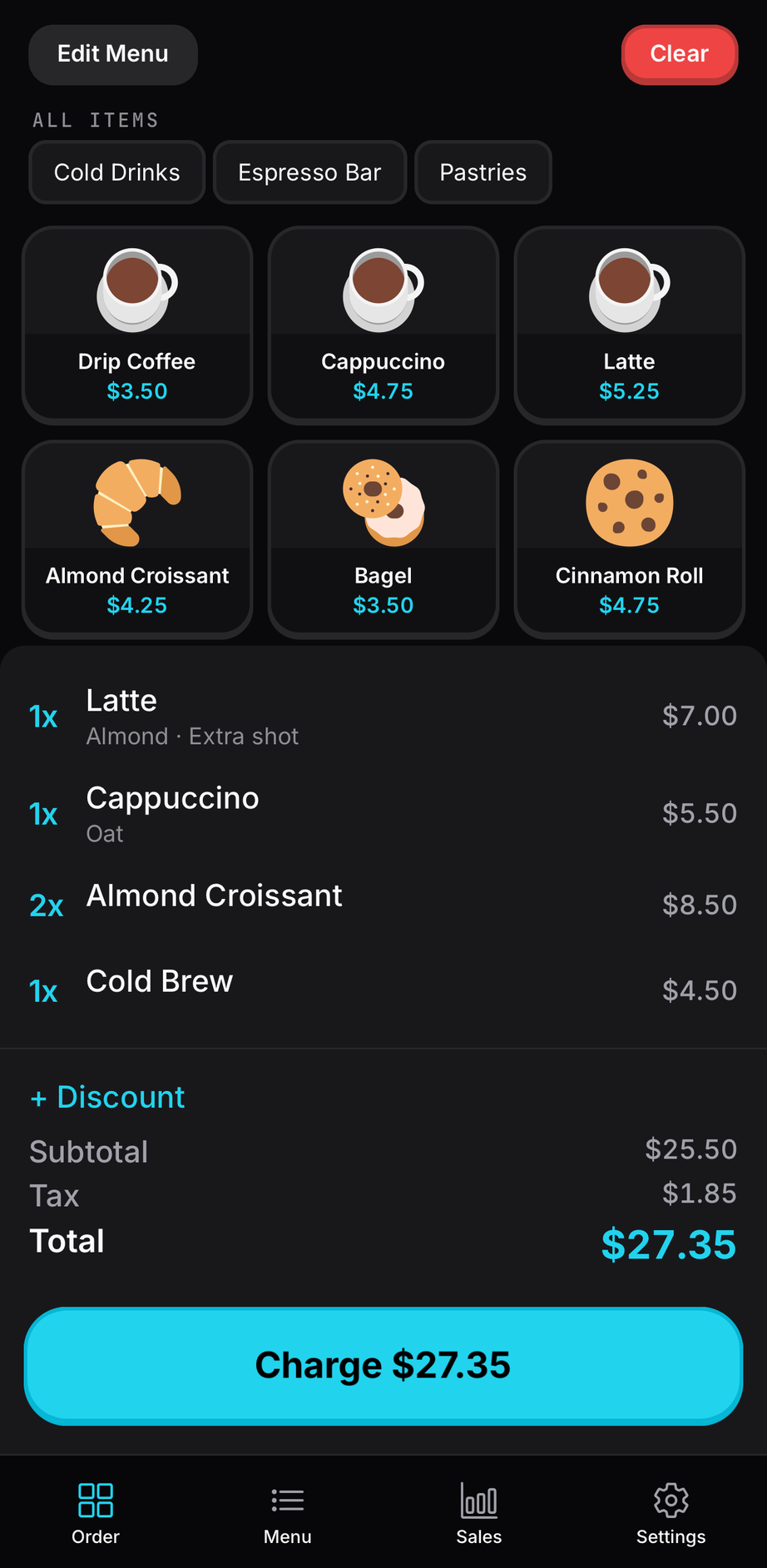 Cart with modifier sub-lines under each item