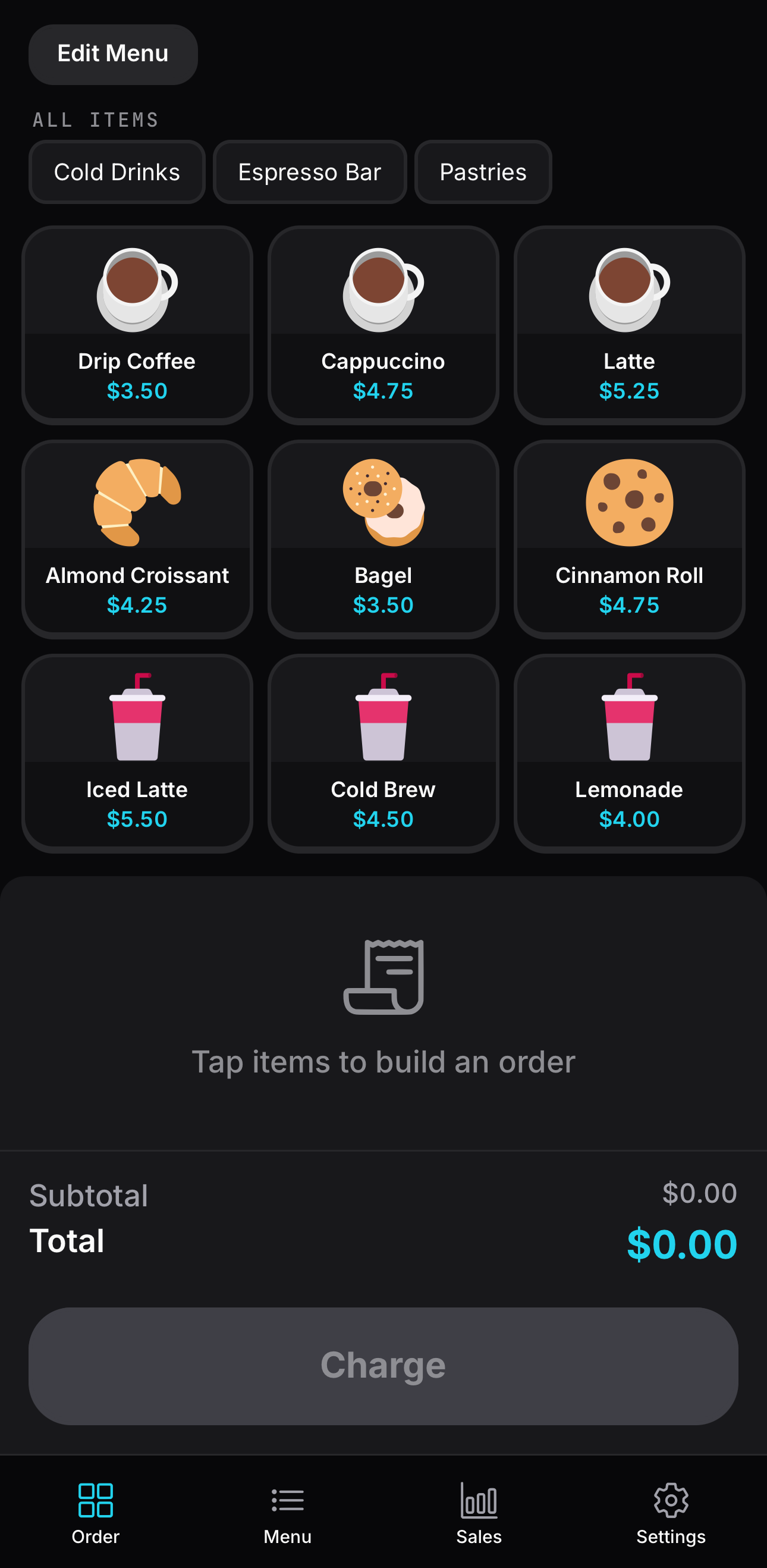 OSPOS Order screen with full menu and QSR categories