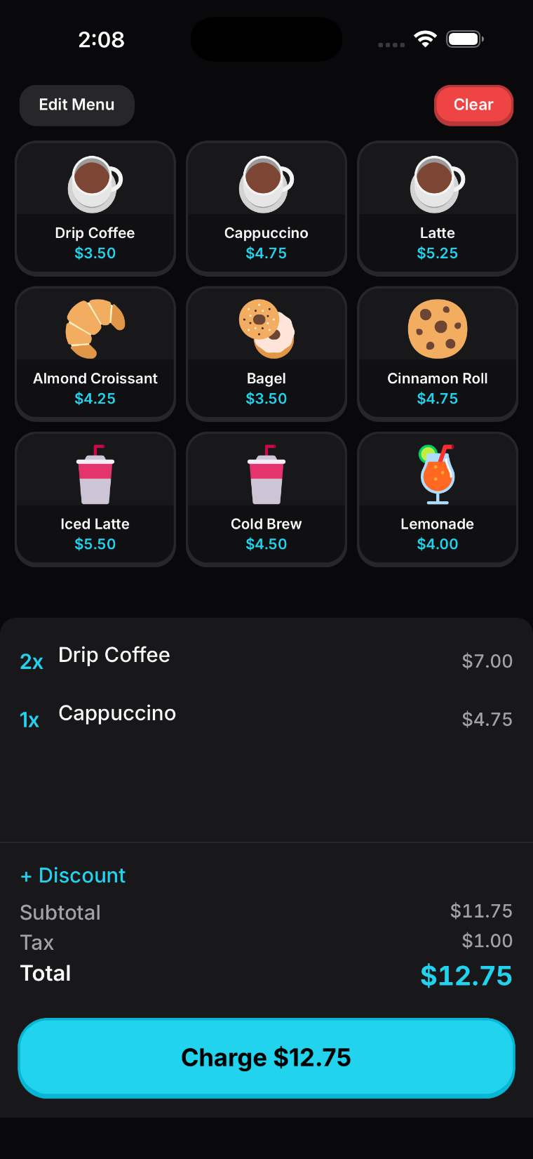 OSPOS order screen with the menu grid and running cart