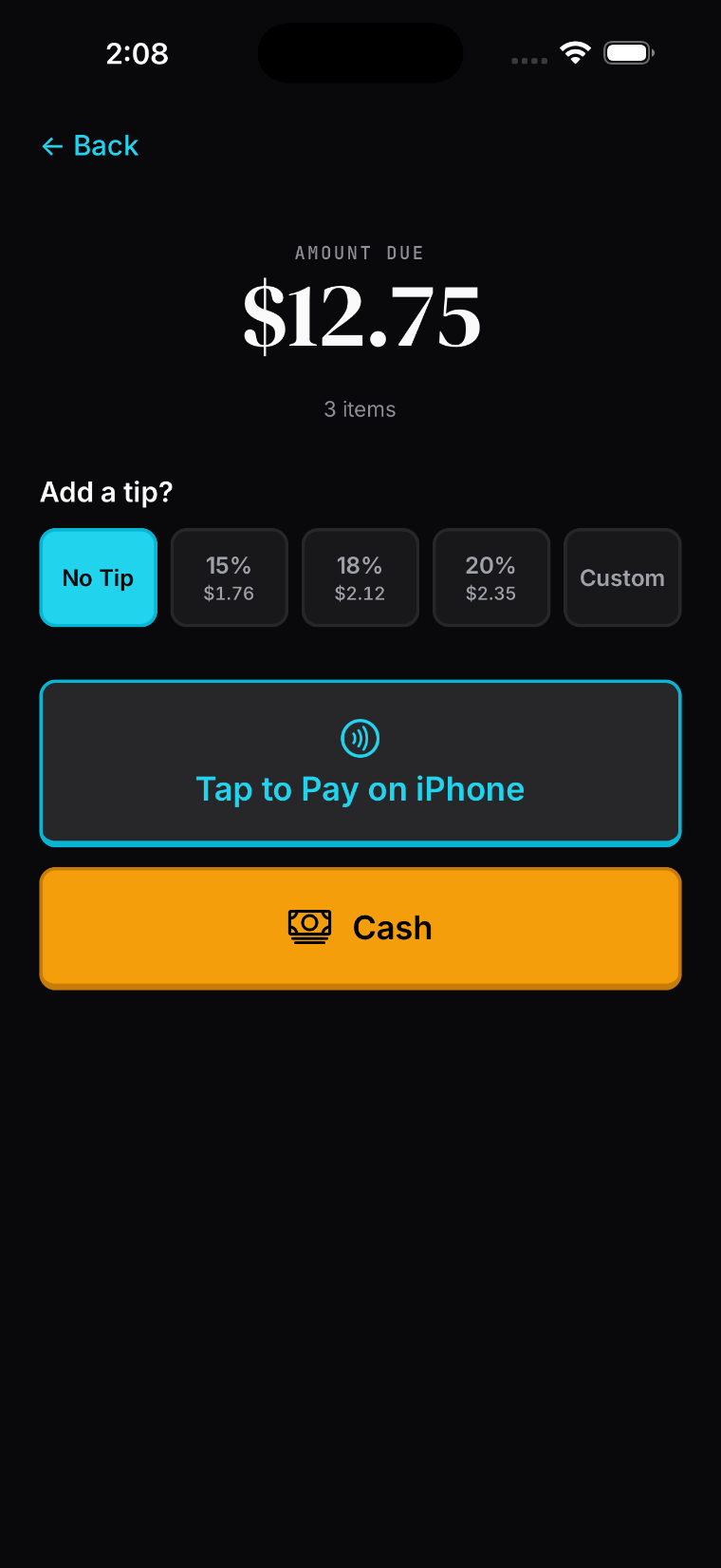 Payment screen offering Tap to Pay on iPhone or cash