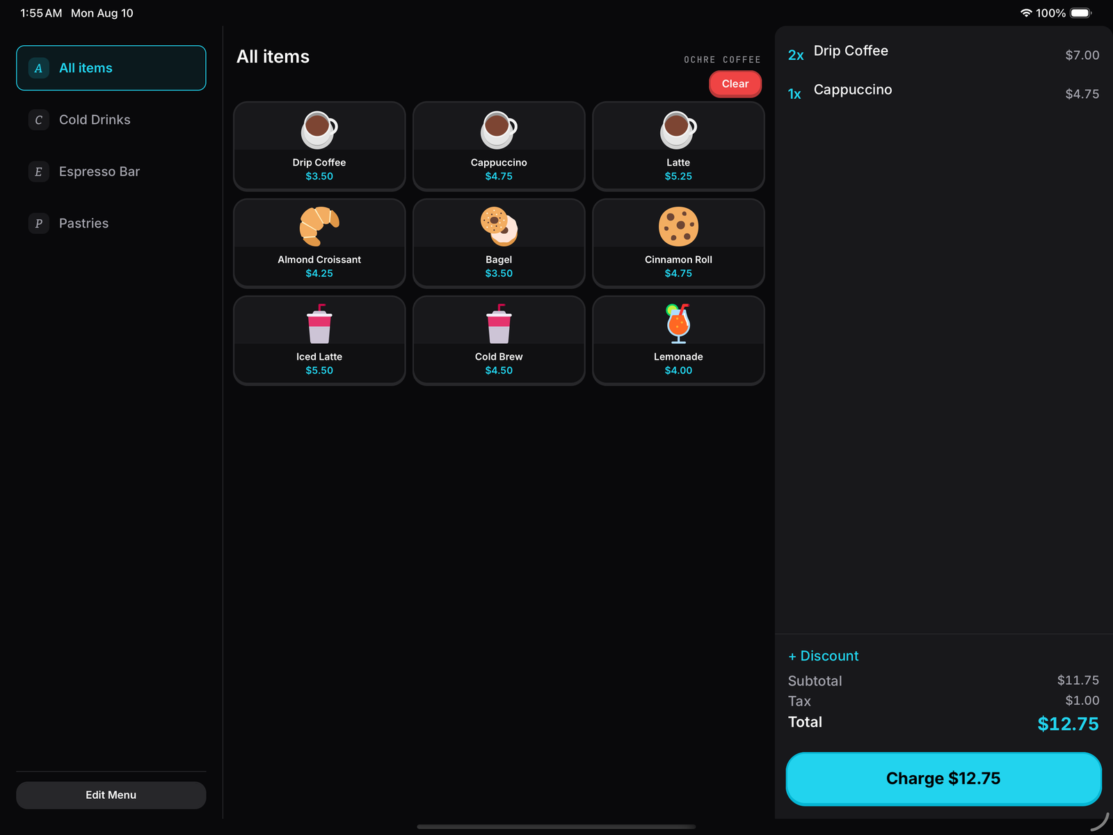 OSPOS on iPad with a category rail, menu grid and running order