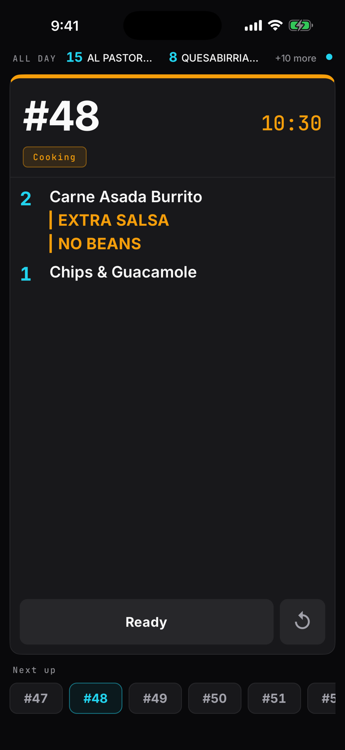 A phone kitchen screen showing one ticket, its timer amber at ten and a half minutes, with the next tickets along the bottom